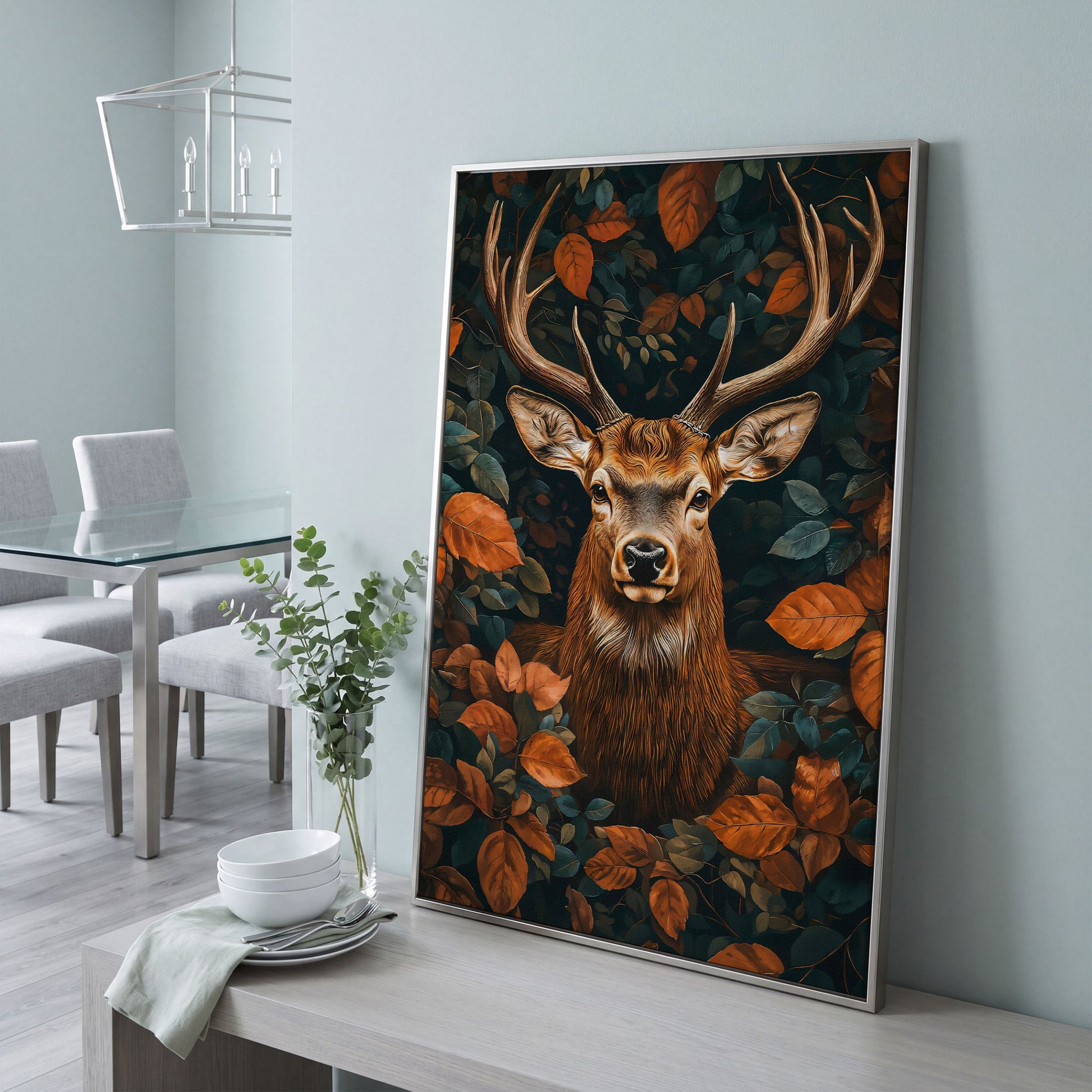 Mystical Forest Deer Canvas in silver floating frame