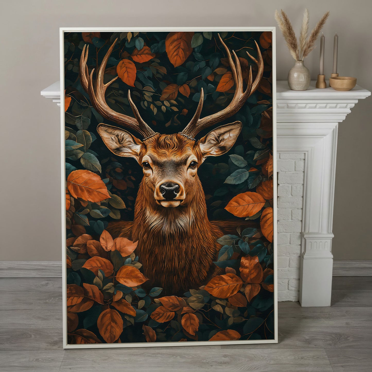 Mystical Forest Deer Canvas in white floating frame