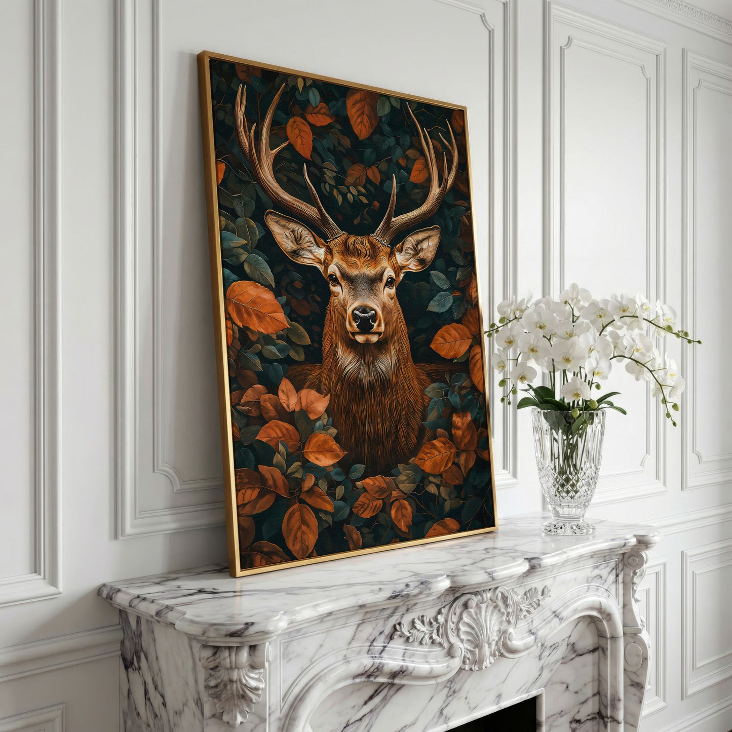 Mystical Forest Deer Canvas in yellow gold floating frame
