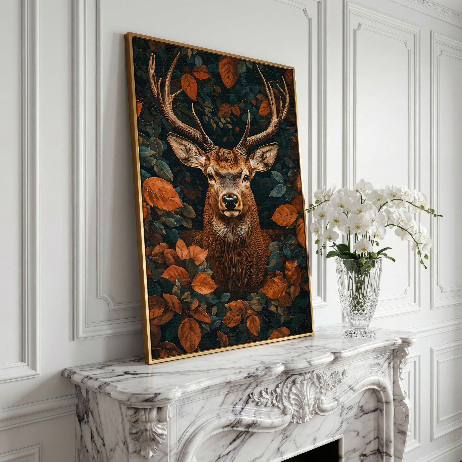 Mystical Forest Deer Canvas in yellow gold floating frame
