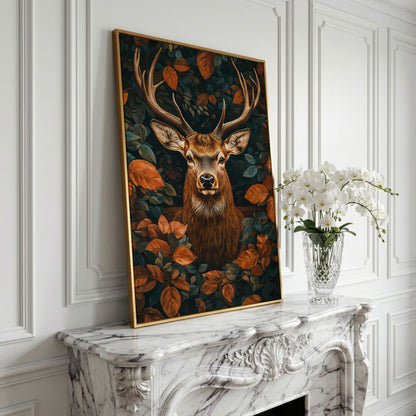 Mystical Forest Deer Canvas in yellow gold floating frame