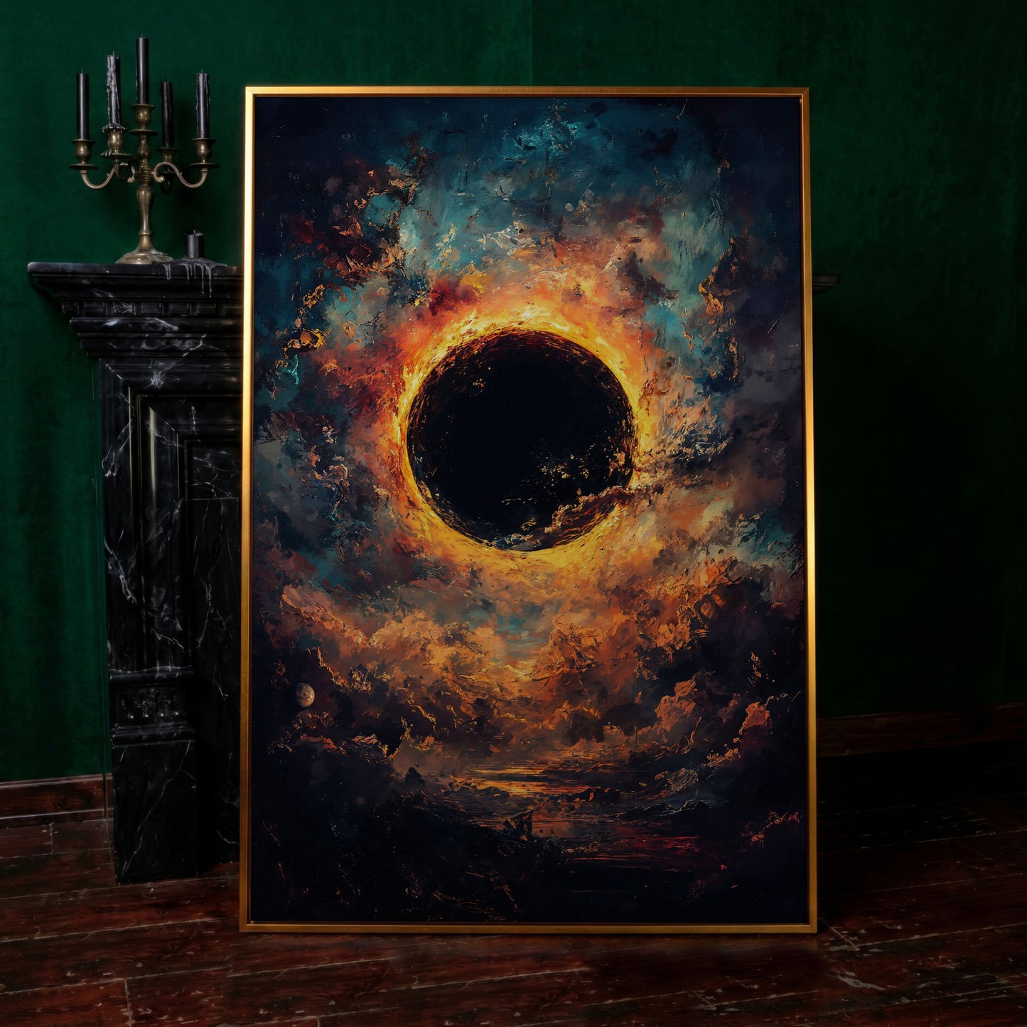 Solar Eclipse with Swirling Clouds. Dark Celestial Canvas Art in antique gold floating frame