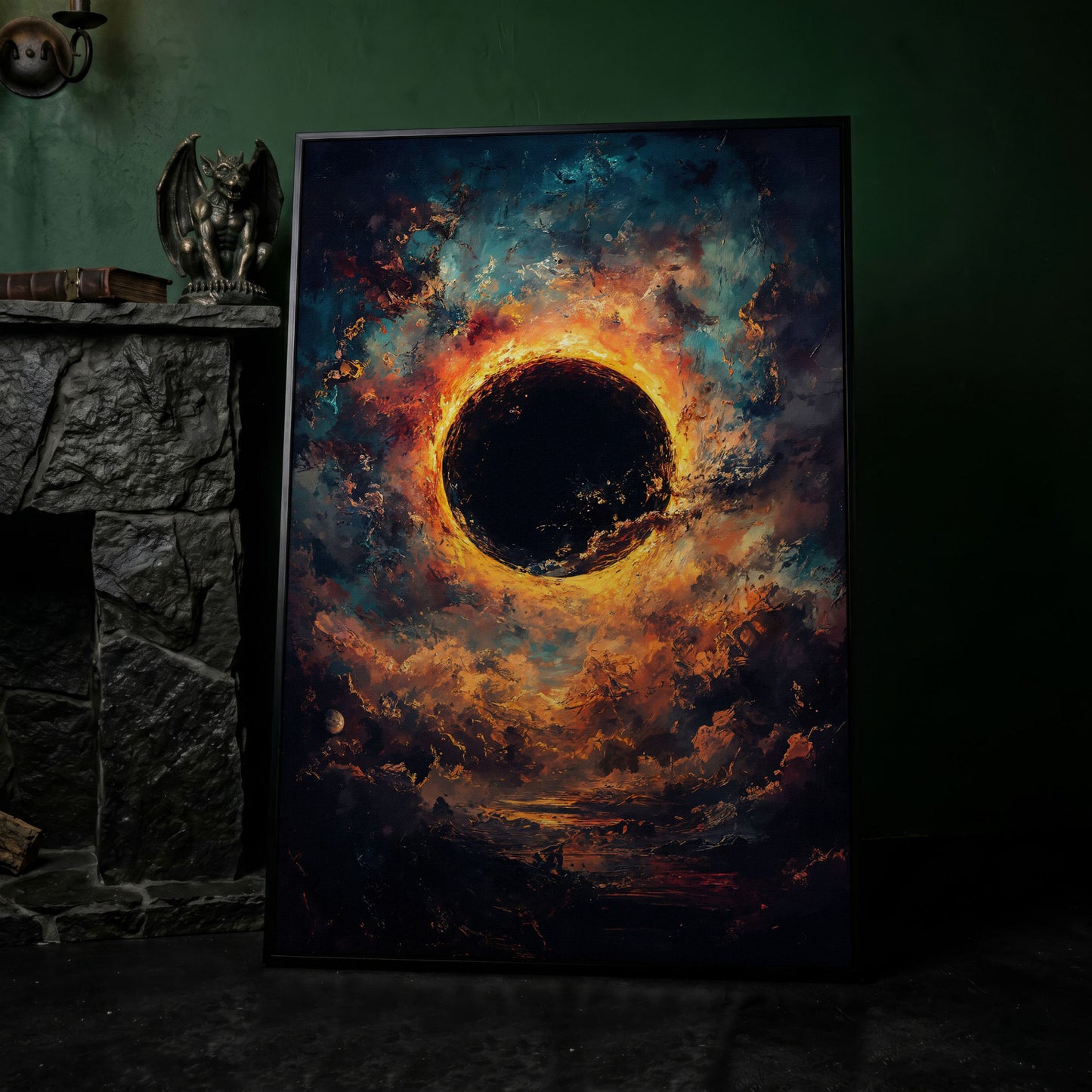 Solar Eclipse with Swirling Clouds. Dark Celestial Canvas Art in black floating frame