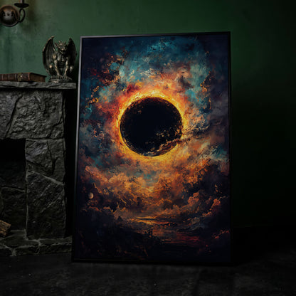Solar Eclipse with Swirling Clouds. Dark Celestial Canvas Art in black floating frame
