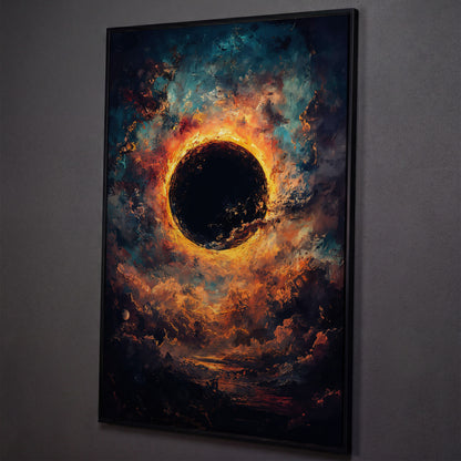 Solar Eclipse with Swirling Clouds. Dark Celestial Canvas Art shown in black floating frame