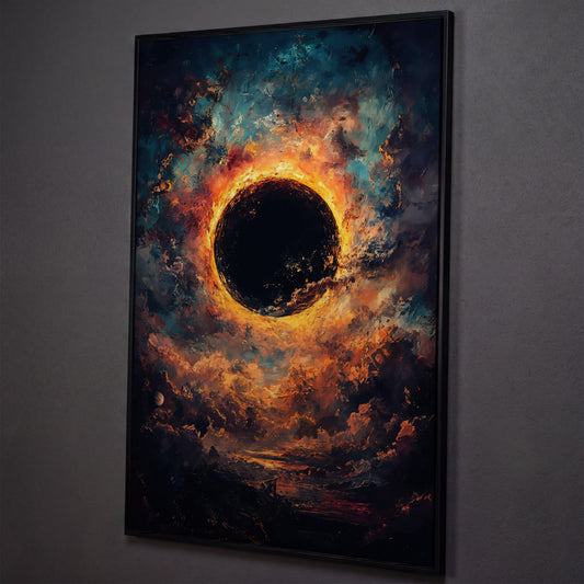 Solar Eclipse with Swirling Clouds. Dark Celestial Canvas Art shown in black floating frame