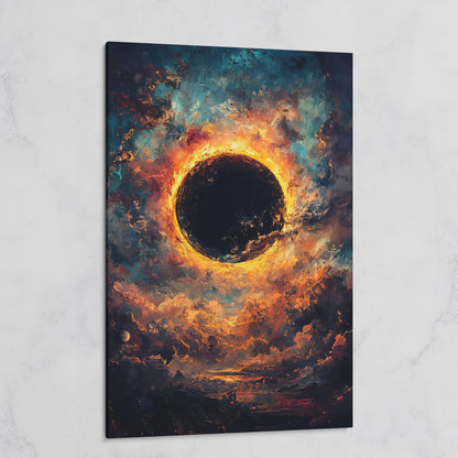 Solar Eclipse with Swirling Clouds. Dark Celestial Canvas Art on gallery wrap