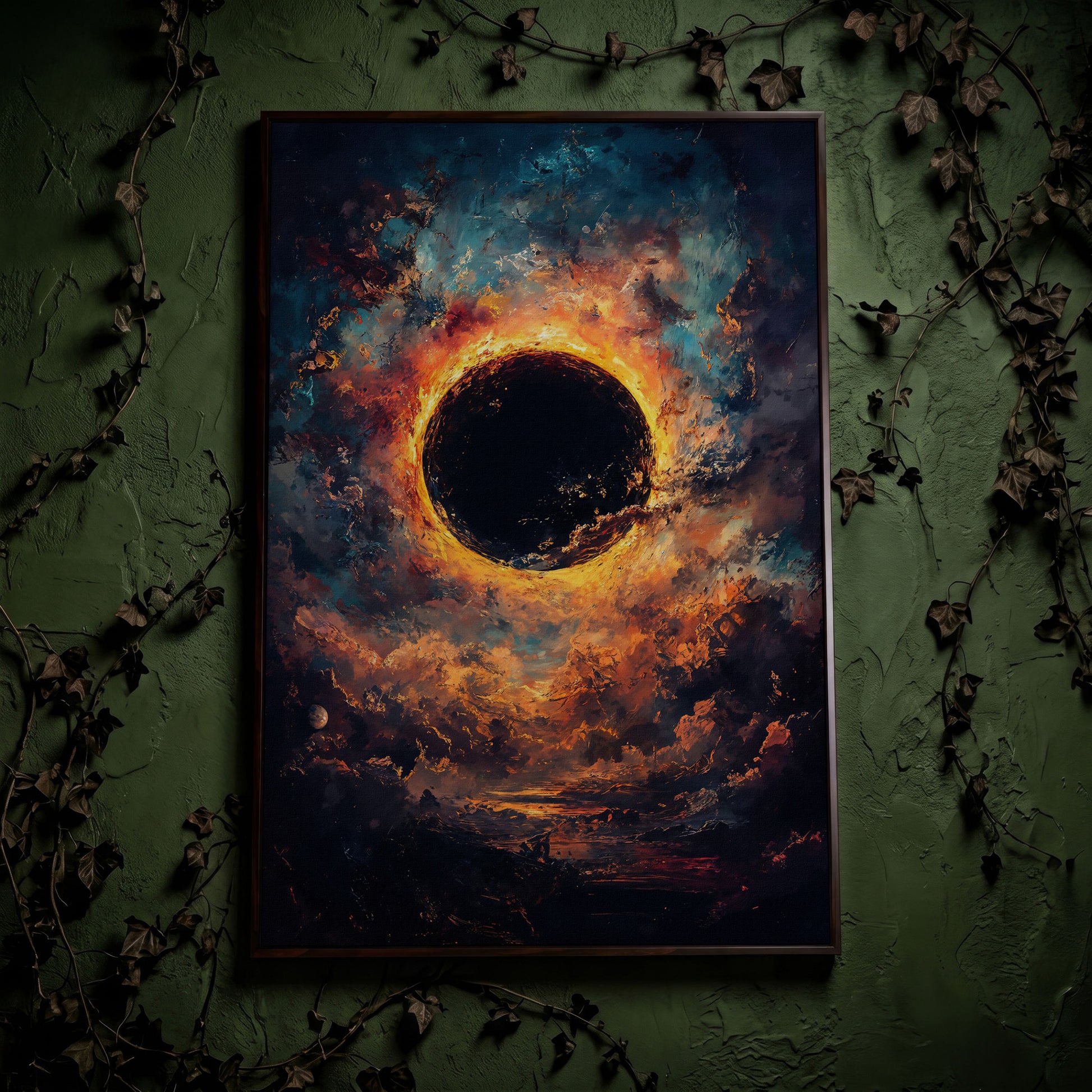 Solar Eclipse with Swirling Clouds. Dark Celestial Canvas Art in dark walnut floating frame