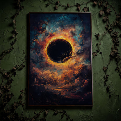 Solar Eclipse with Swirling Clouds. Dark Celestial Canvas Art in dark walnut floating frame