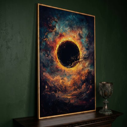 Solar Eclipse with Swirling Clouds. Dark Celestial Canvas Art in white oak floating frame