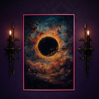 Solar Eclipse with Swirling Clouds. Dark Celestial Canvas Art in pink floating frame