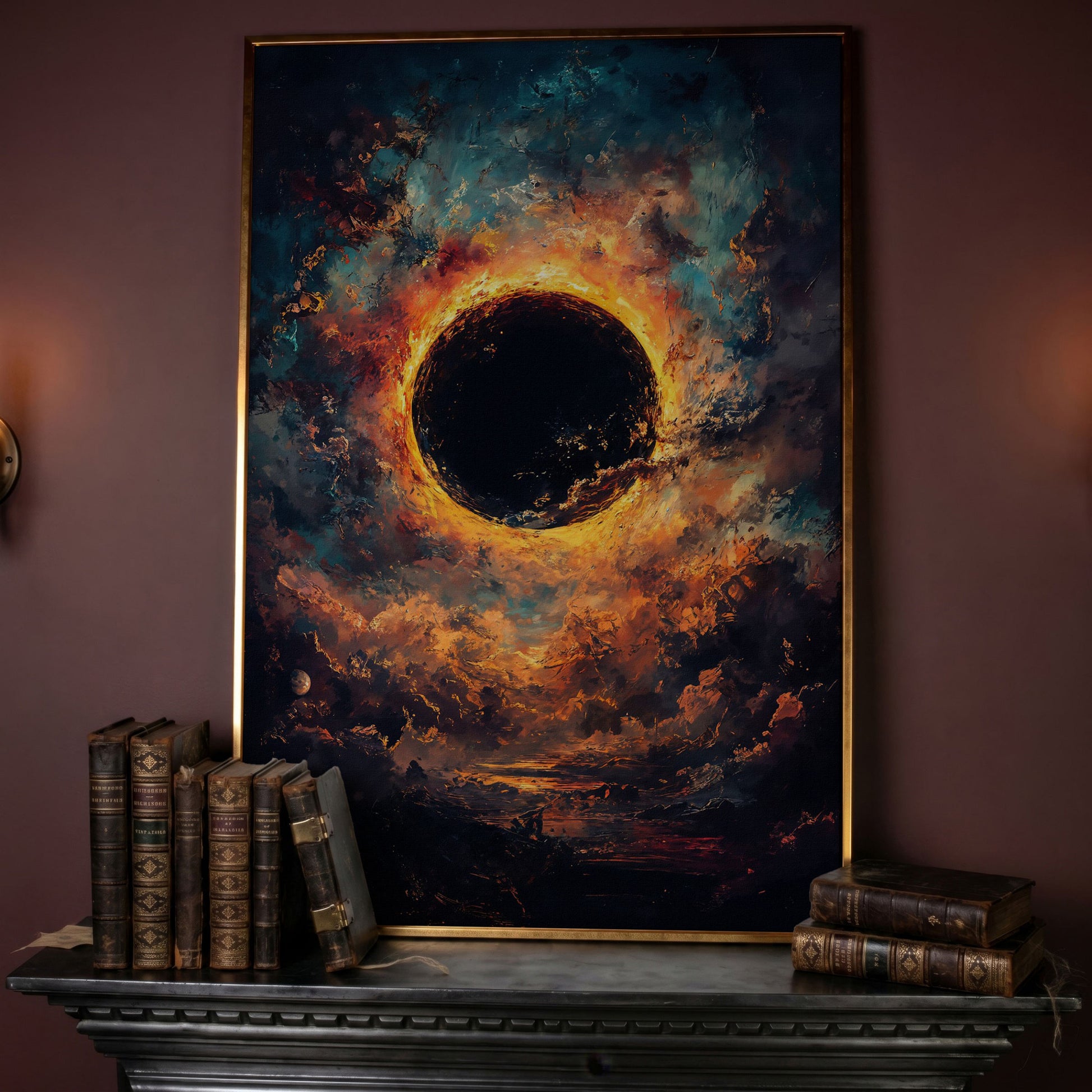 Solar Eclipse with Swirling Clouds. Dark Celestial Canvas Art in rose gold floating frame