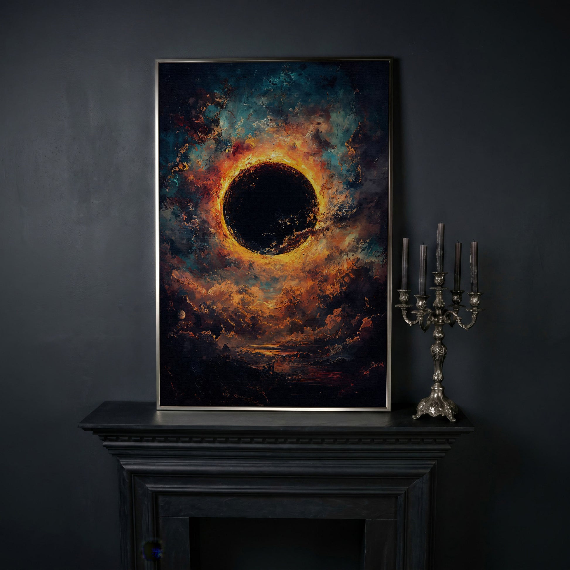 Solar Eclipse with Swirling Clouds. Dark Celestial Canvas Art in silver floating frame