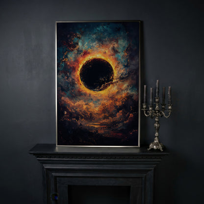 Solar Eclipse with Swirling Clouds. Dark Celestial Canvas Art in silver floating frame