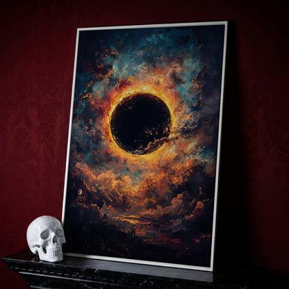 Solar Eclipse with Swirling Clouds. Dark Celestial Canvas Art in white floating frame
