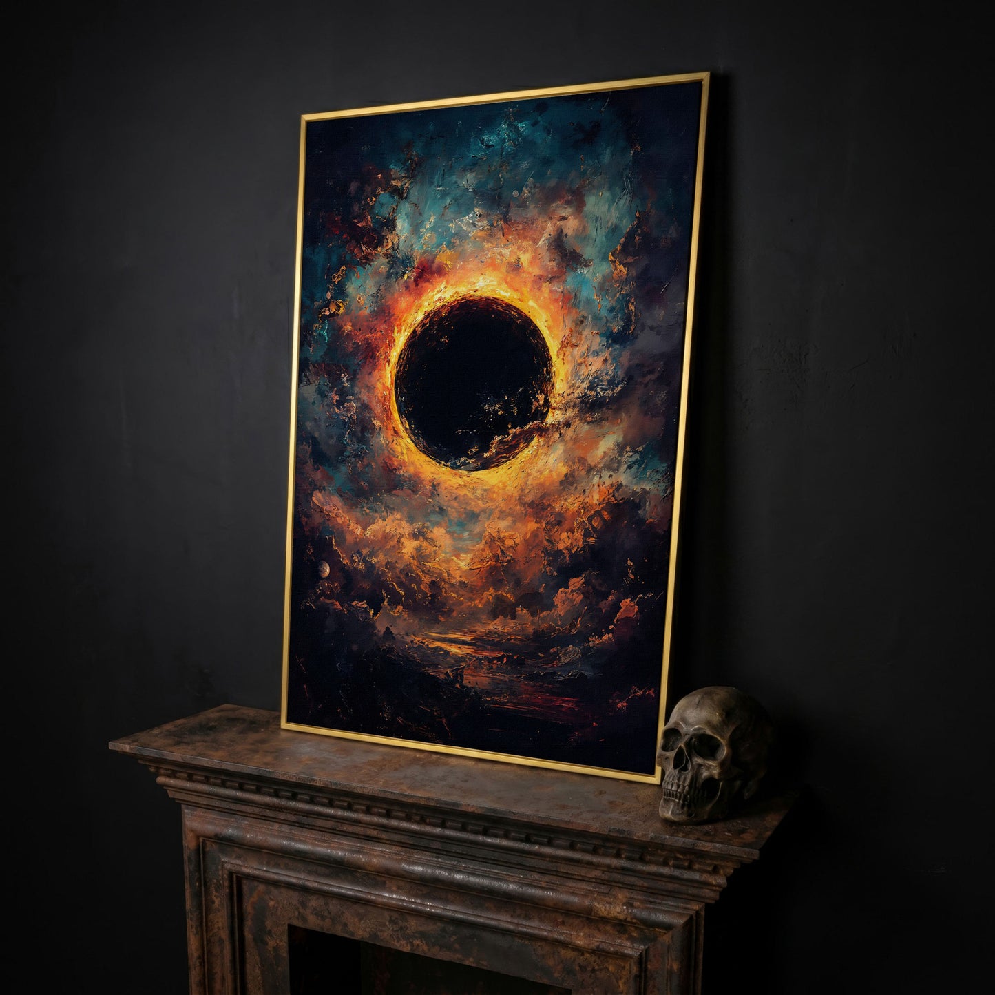 Solar Eclipse with Swirling Clouds. Dark Celestial Canvas Art in yellow gold floating frame