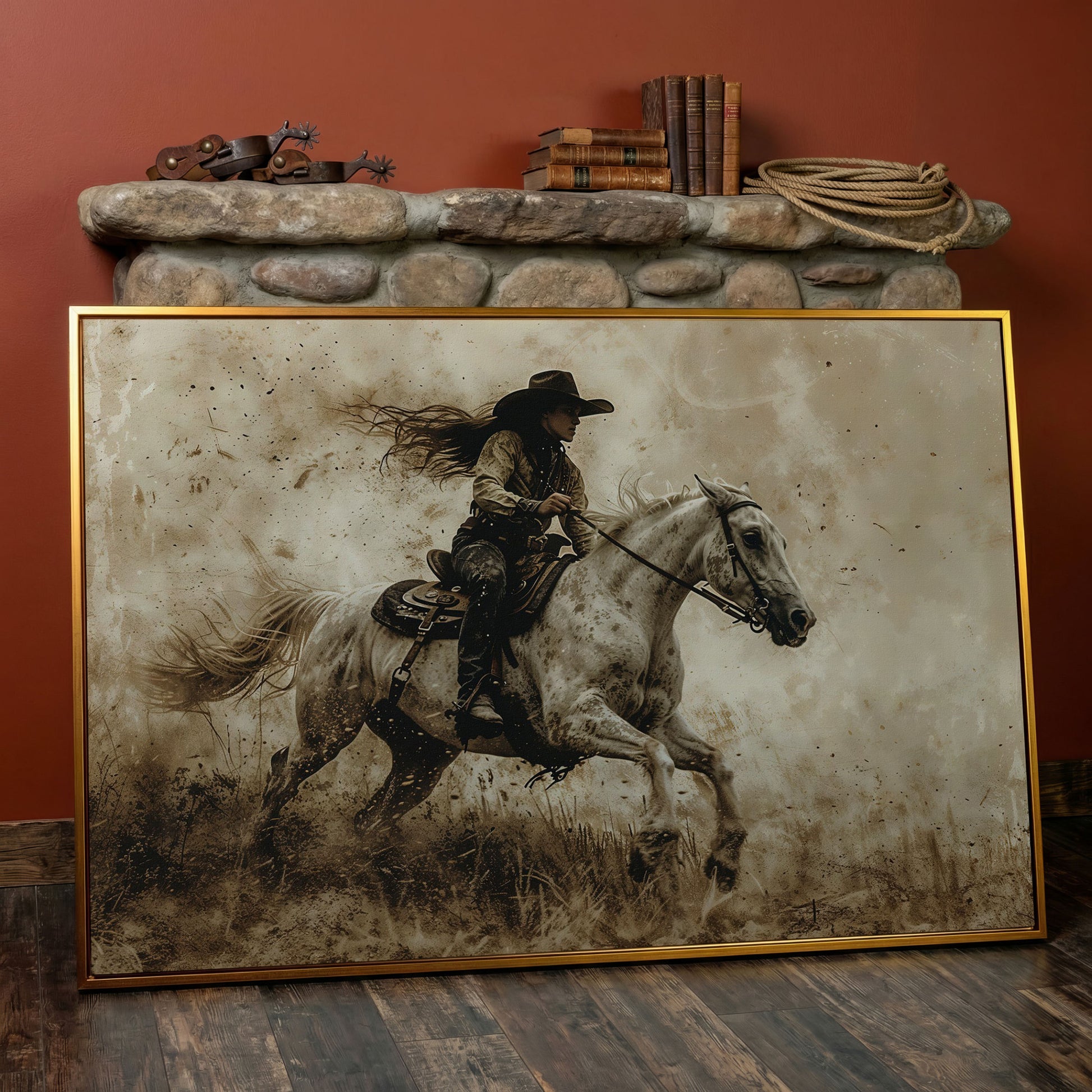 Cowgirl on Galloping Horse Canvas Print in antique gold floating frame