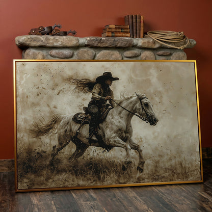 Cowgirl on Galloping Horse Canvas Print in antique gold floating frame