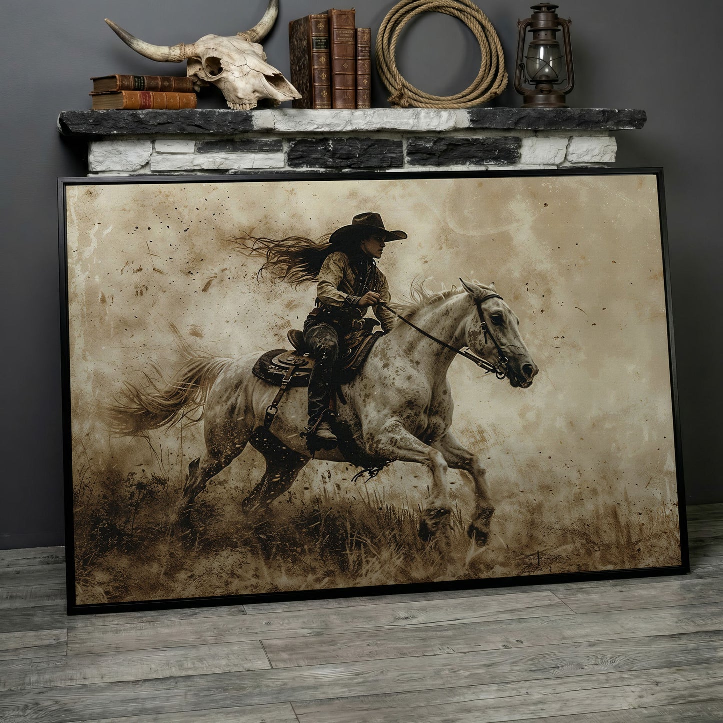 Cowgirl on Galloping Horse Canvas Print in black floating frame