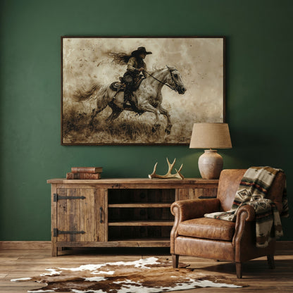 Cowgirl on Galloping Horse Canvas Print in dark walnut floating frame