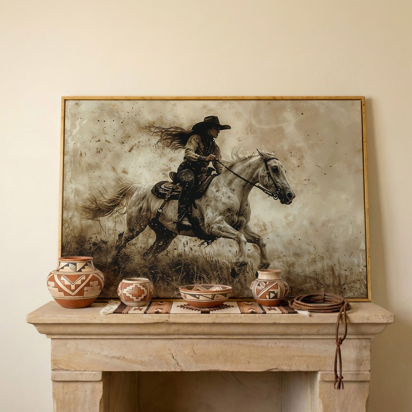Cowgirl on Galloping Horse Canvas Print in white oak floating frame