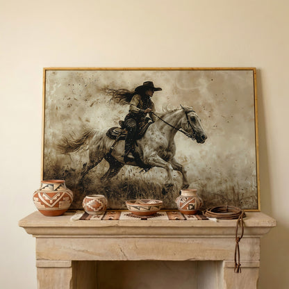 Cowgirl on Galloping Horse Canvas Print in white oak floating frame