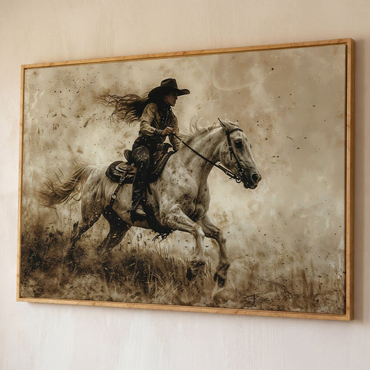 Cowgirl on Galloping Horse Canvas Print shown in white oak floating frame