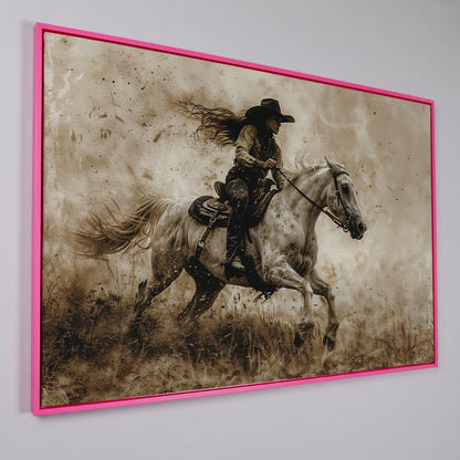 Cowgirl on Galloping Horse Canvas Print in pink floating frame