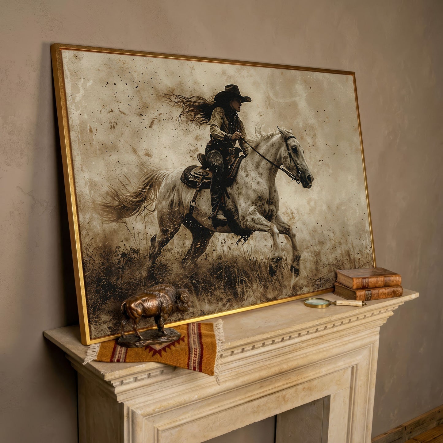 Cowgirl on Galloping Horse Canvas Print in rose gold floating frame