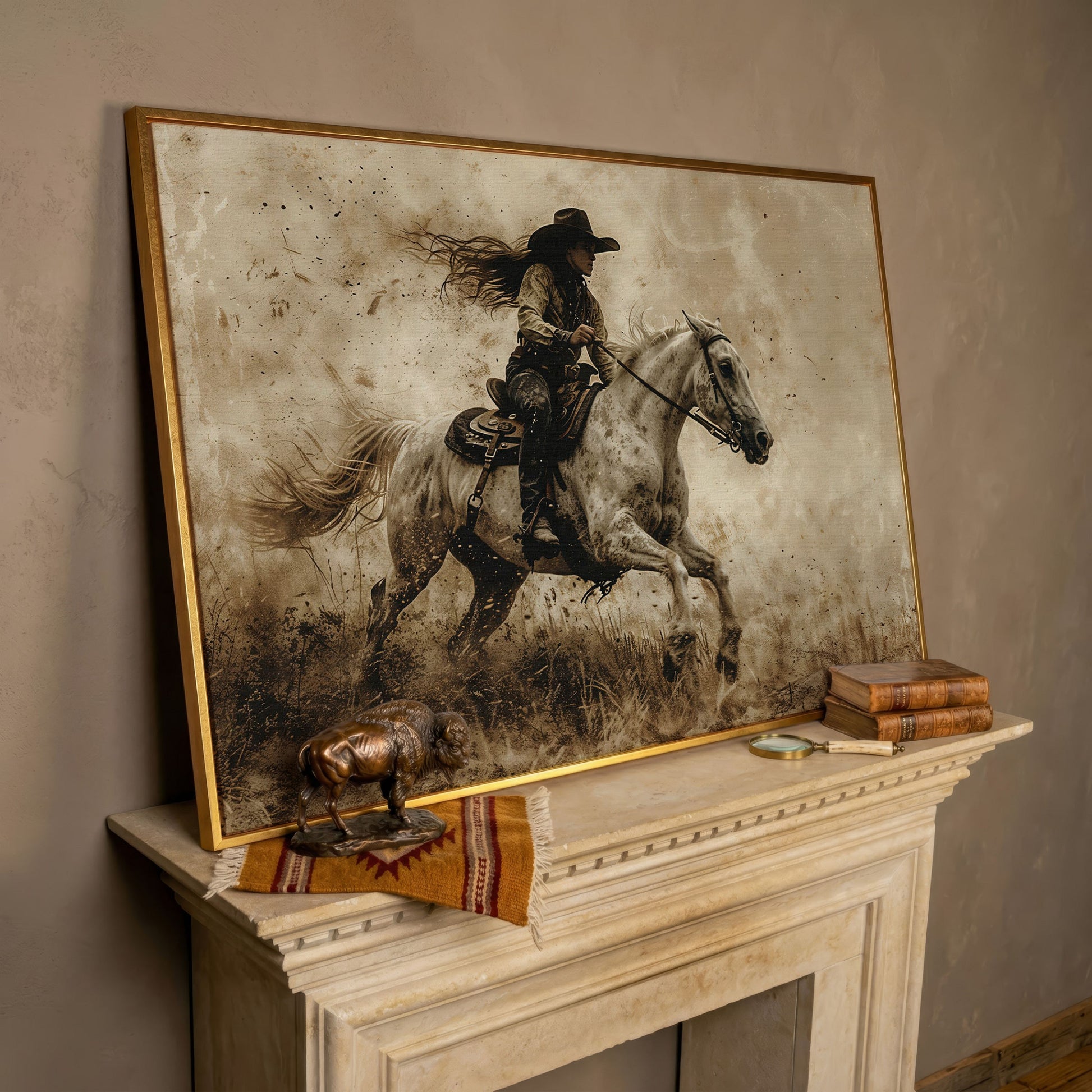 Cowgirl on Galloping Horse Canvas Print in rose gold floating frame