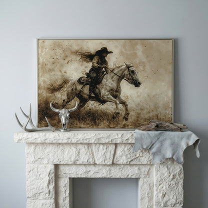 Cowgirl on Galloping Horse Canvas Print in silver floating frame