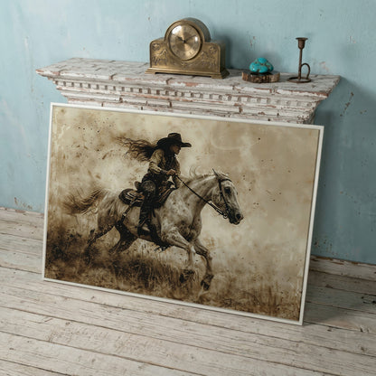 Cowgirl on Galloping Horse Canvas Print in white floating frame