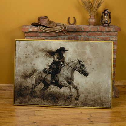 Cowgirl on Galloping Horse Canvas Print in yellow gold floating frame