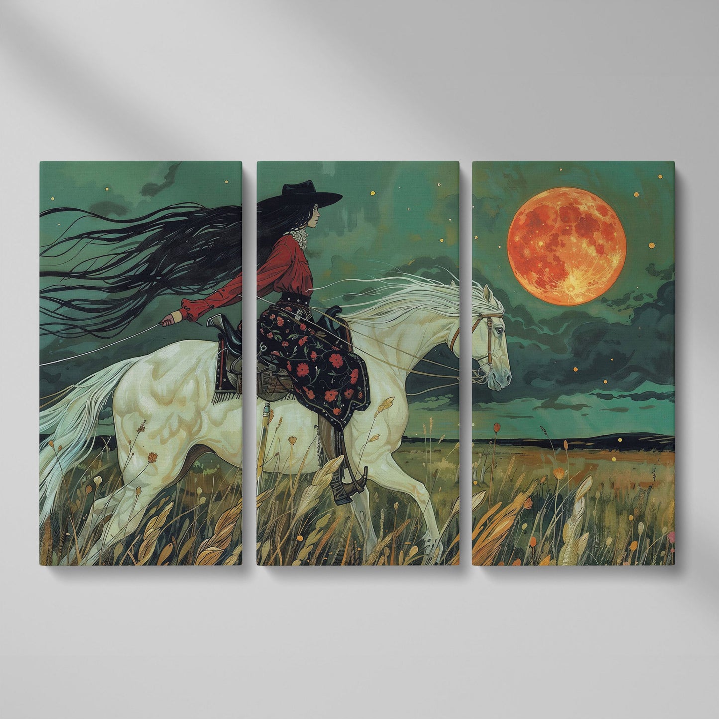 Mystical Cowgirl on White Horse Canvas as 3-panel split version