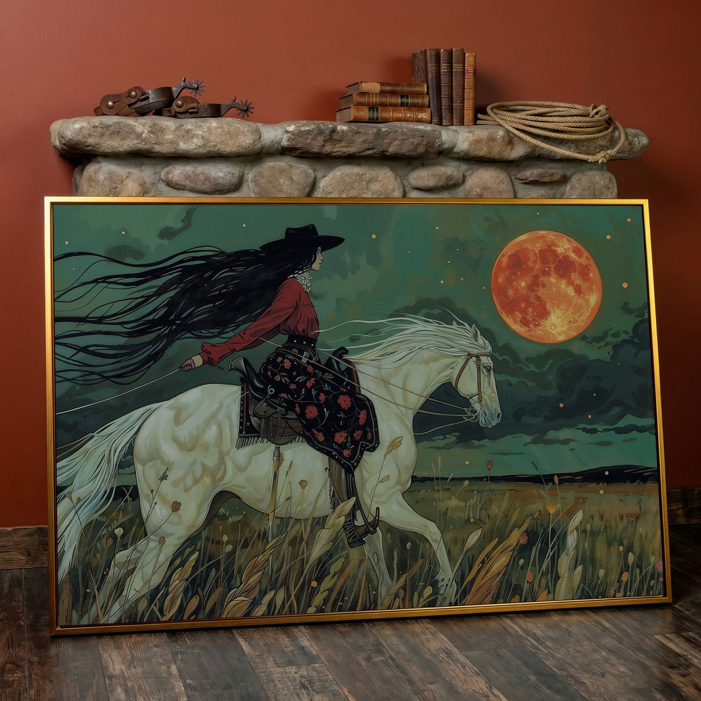 Mystical Cowgirl on White Horse Canvas in antique gold floating frame