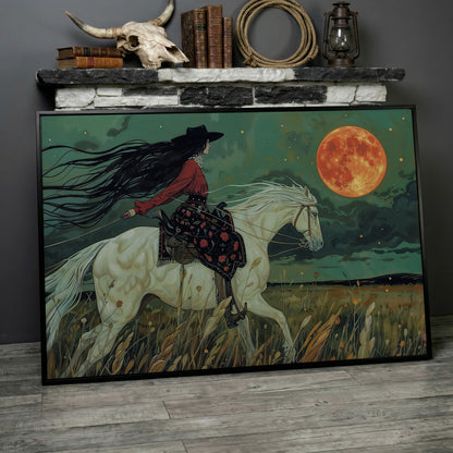 Mystical Cowgirl on White Horse Canvas in black floating frame