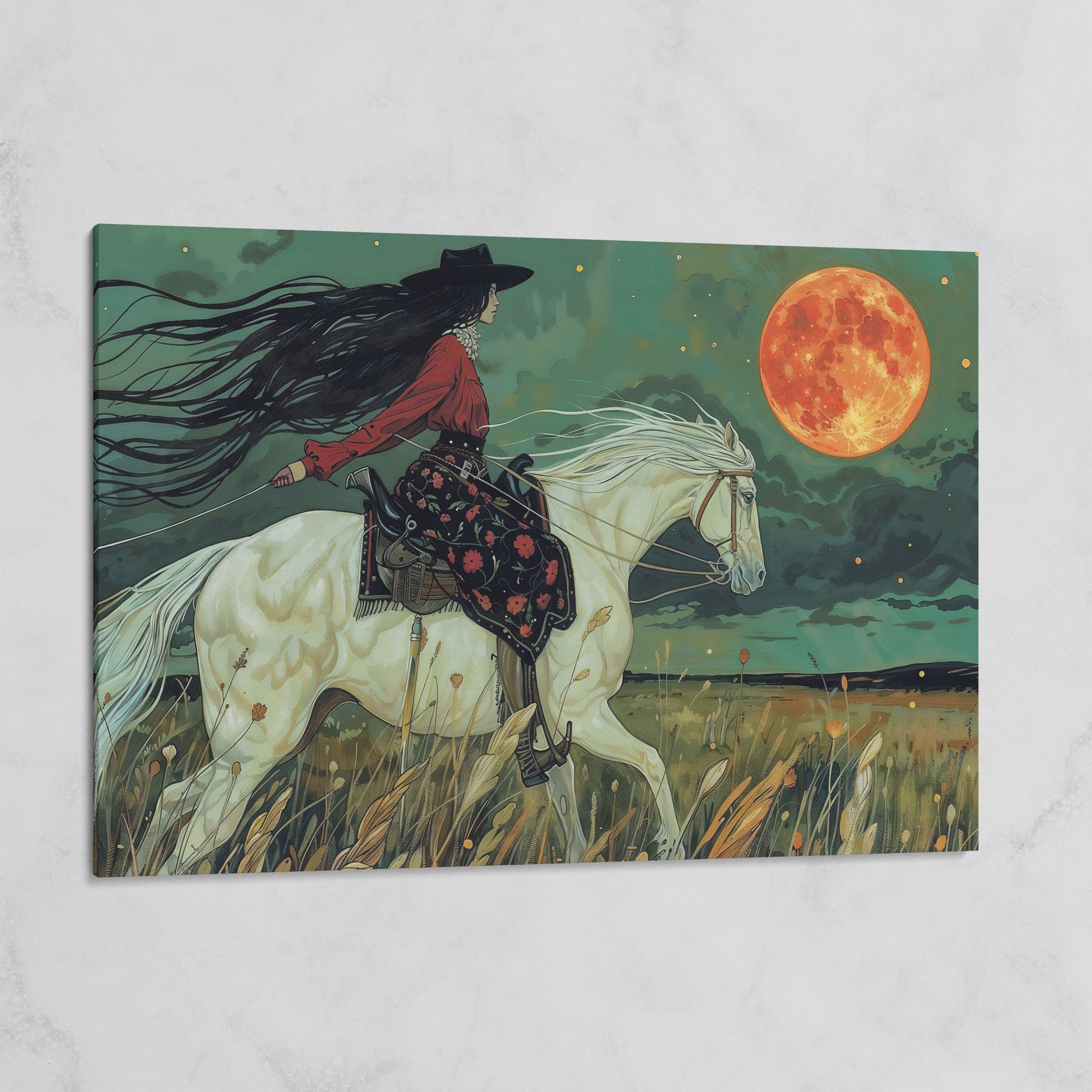 Mystical Cowgirl on White Horse Canvas on gallery wrap