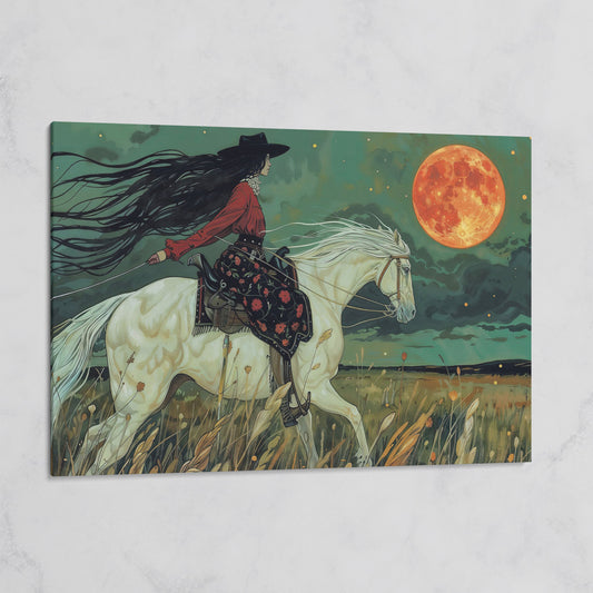 Mystical Cowgirl on White Horse Canvas on gallery wrap