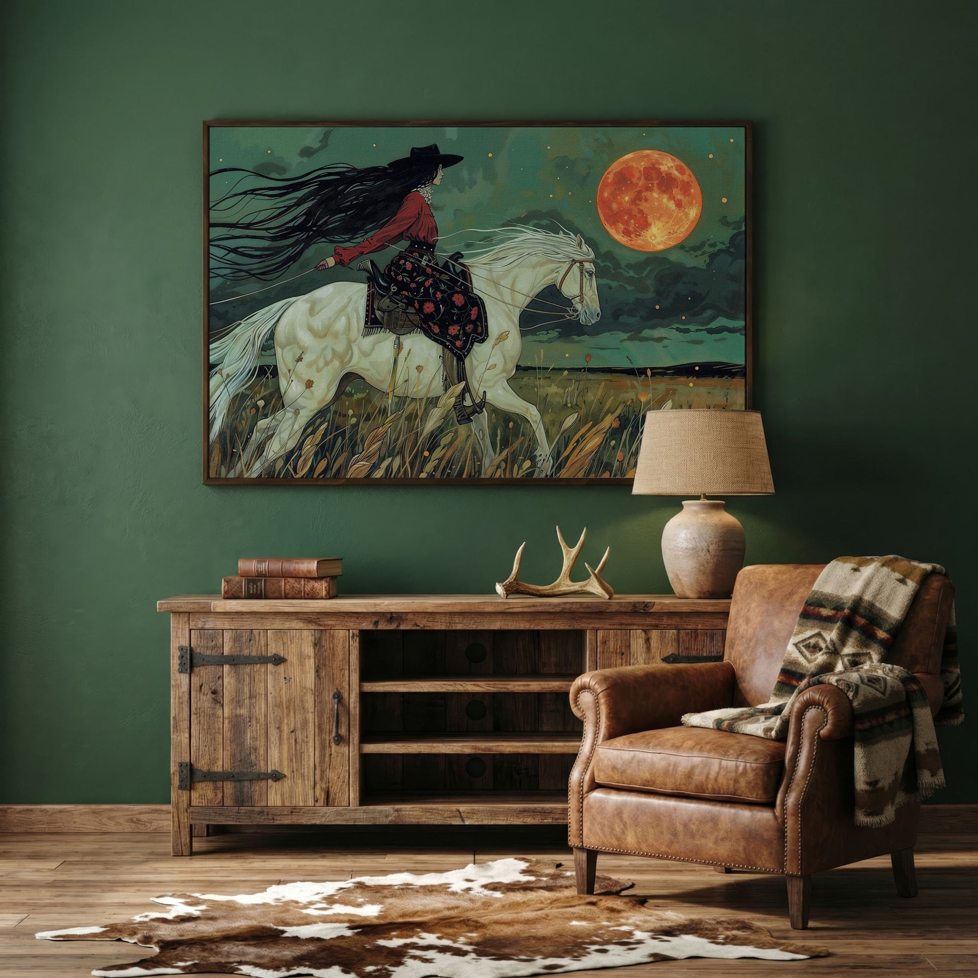 Mystical Cowgirl on White Horse Canvas in dark walnut floating frame