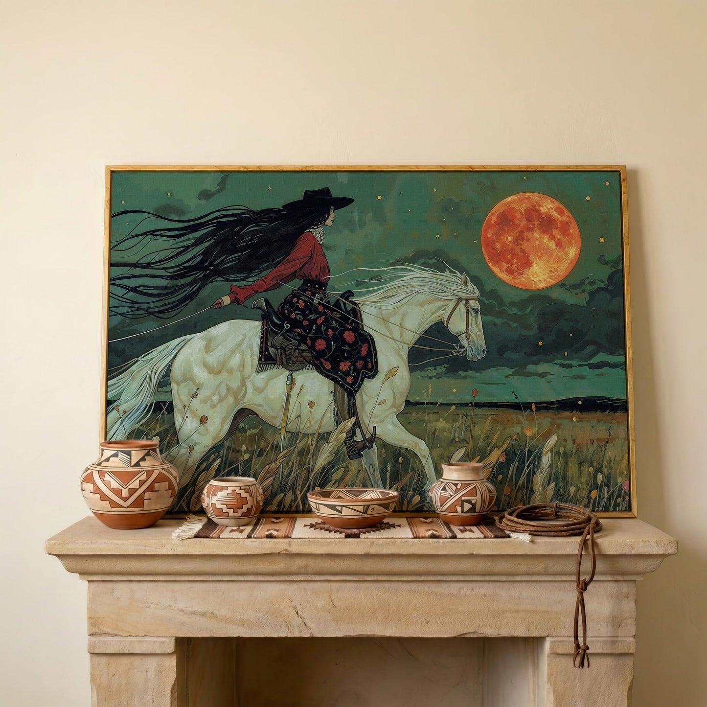 Mystical Cowgirl on White Horse Canvas in white oak floating frame