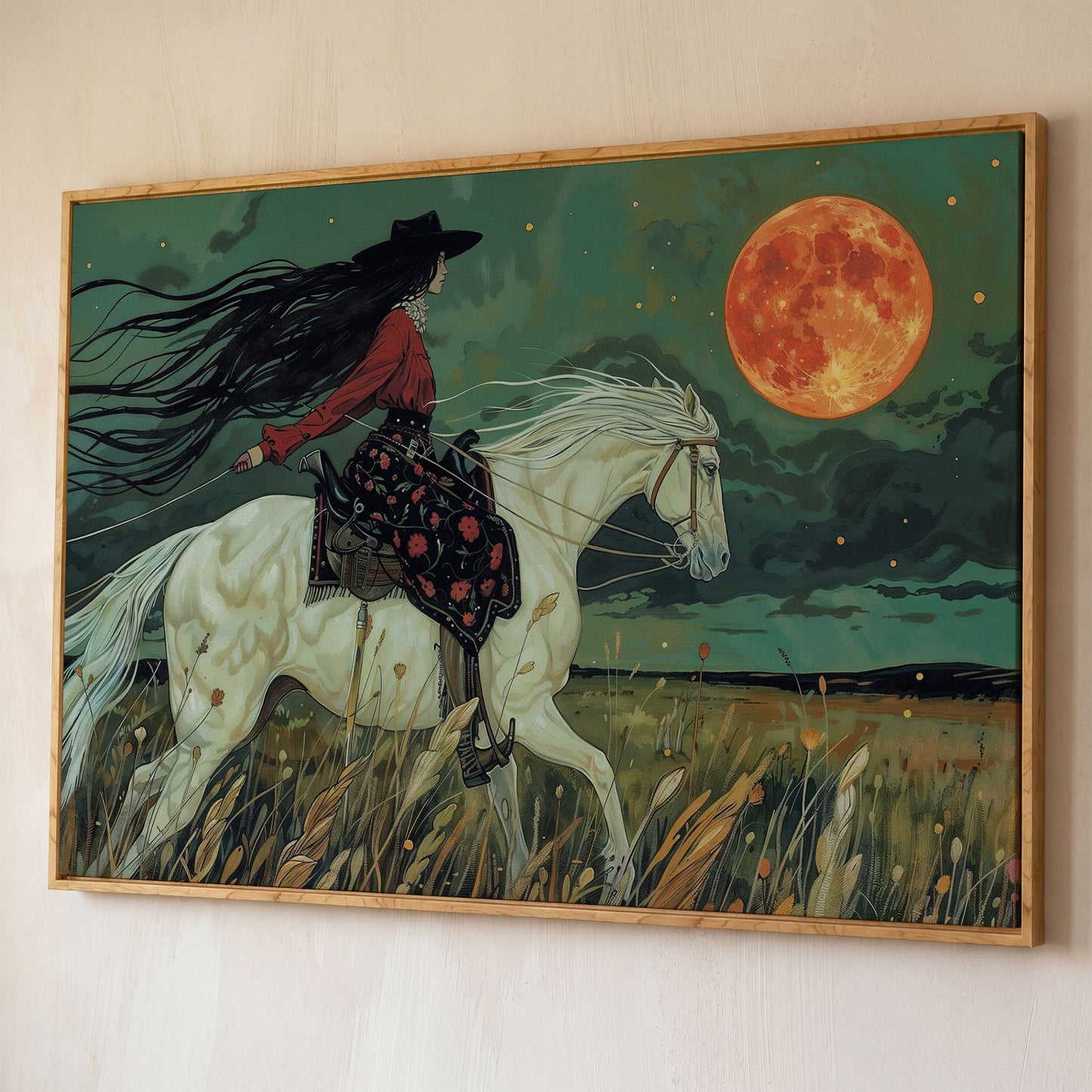 Mystical Cowgirl on White Horse Canvas shown in white oak floating frame