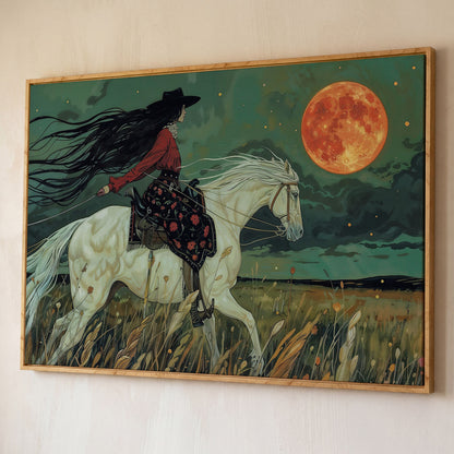Mystical Cowgirl on White Horse Canvas shown in white oak floating frame