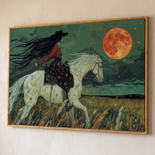 Mystical Cowgirl on White Horse Canvas shown in white oak floating frame