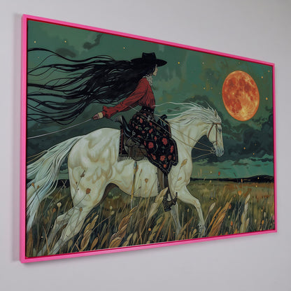 Mystical Cowgirl on White Horse Canvas in pink floating frame