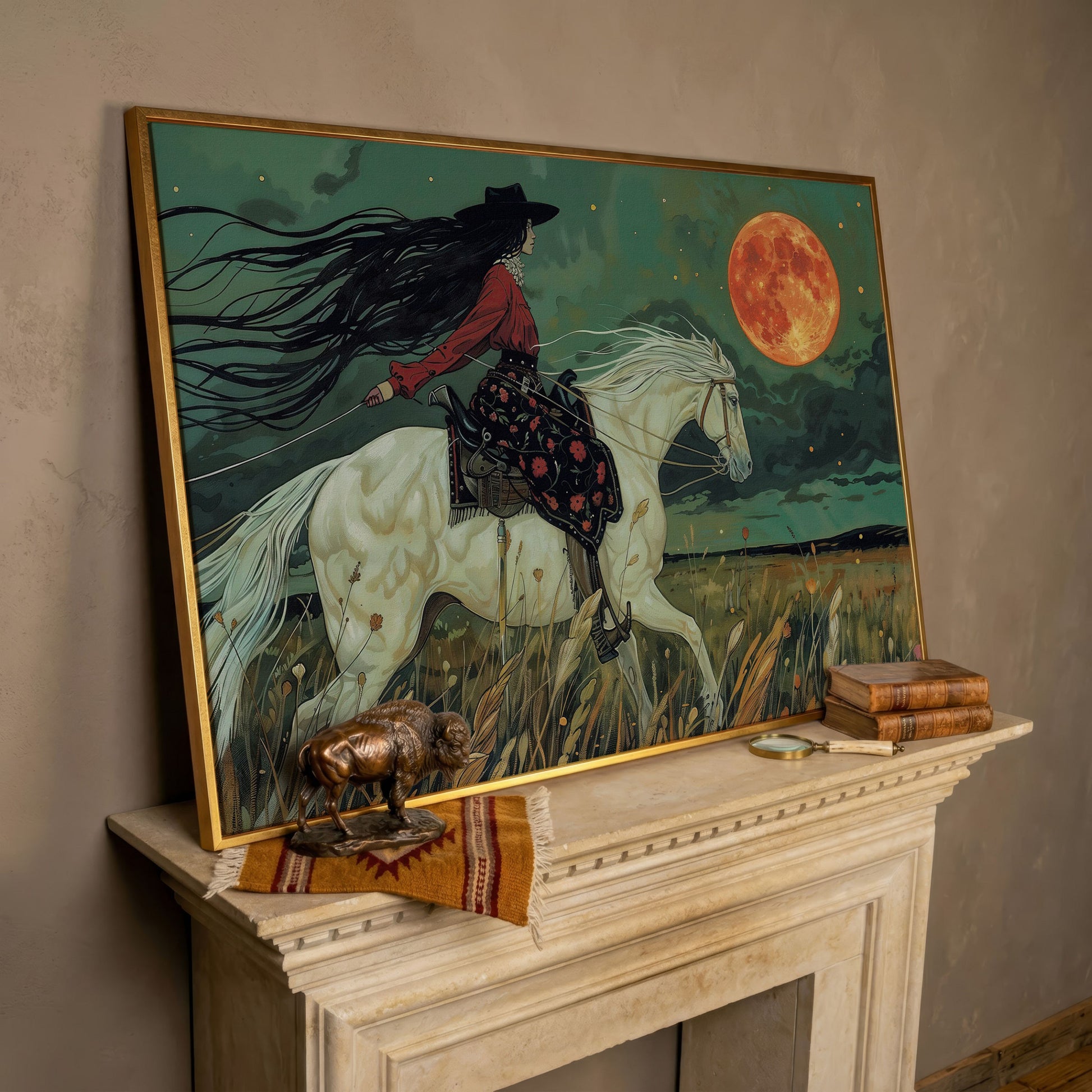 Mystical Cowgirl on White Horse Canvas in rose gold floating frame