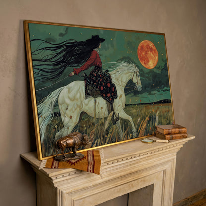 Mystical Cowgirl on White Horse Canvas in rose gold floating frame