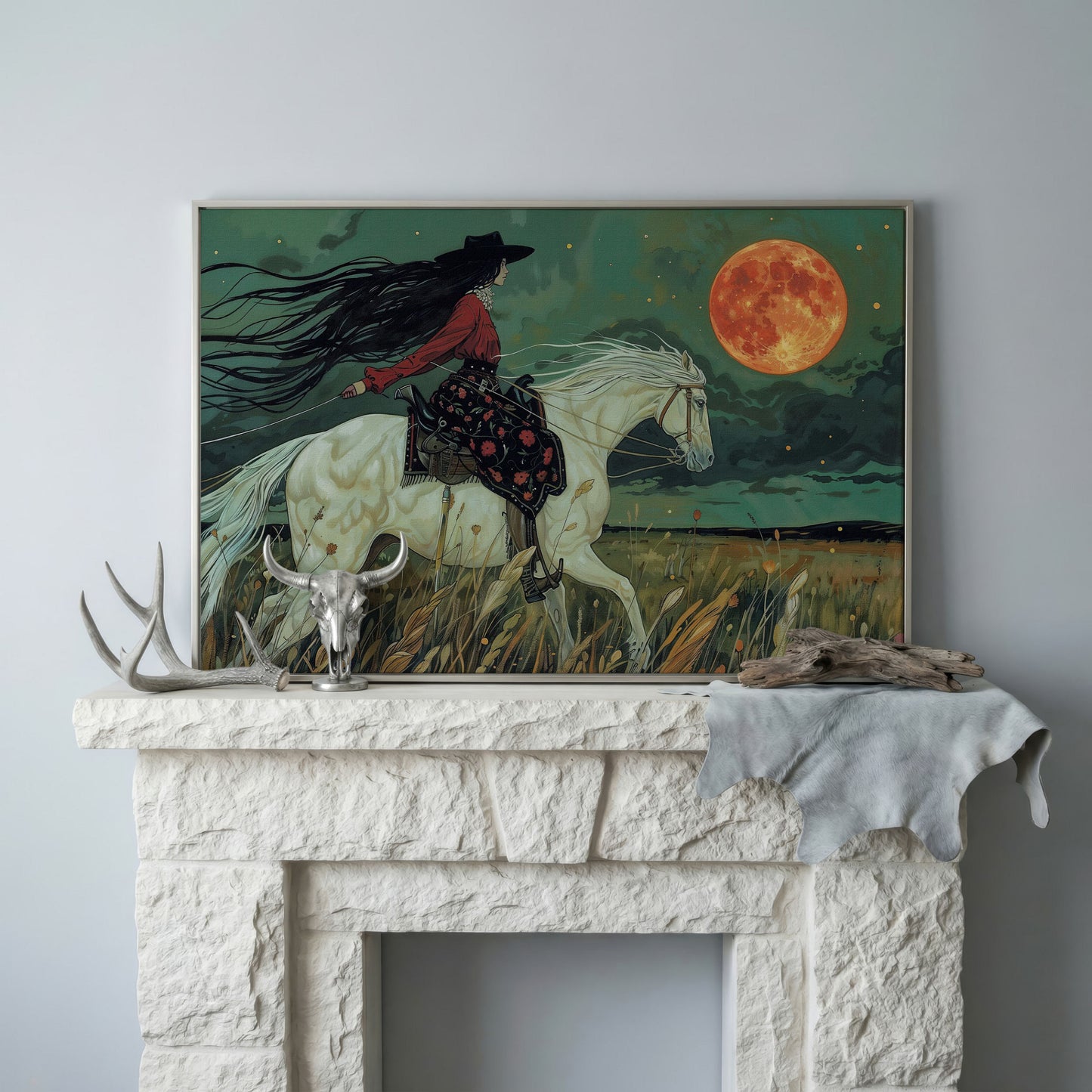 Mystical Cowgirl on White Horse Canvas in silver floating frame