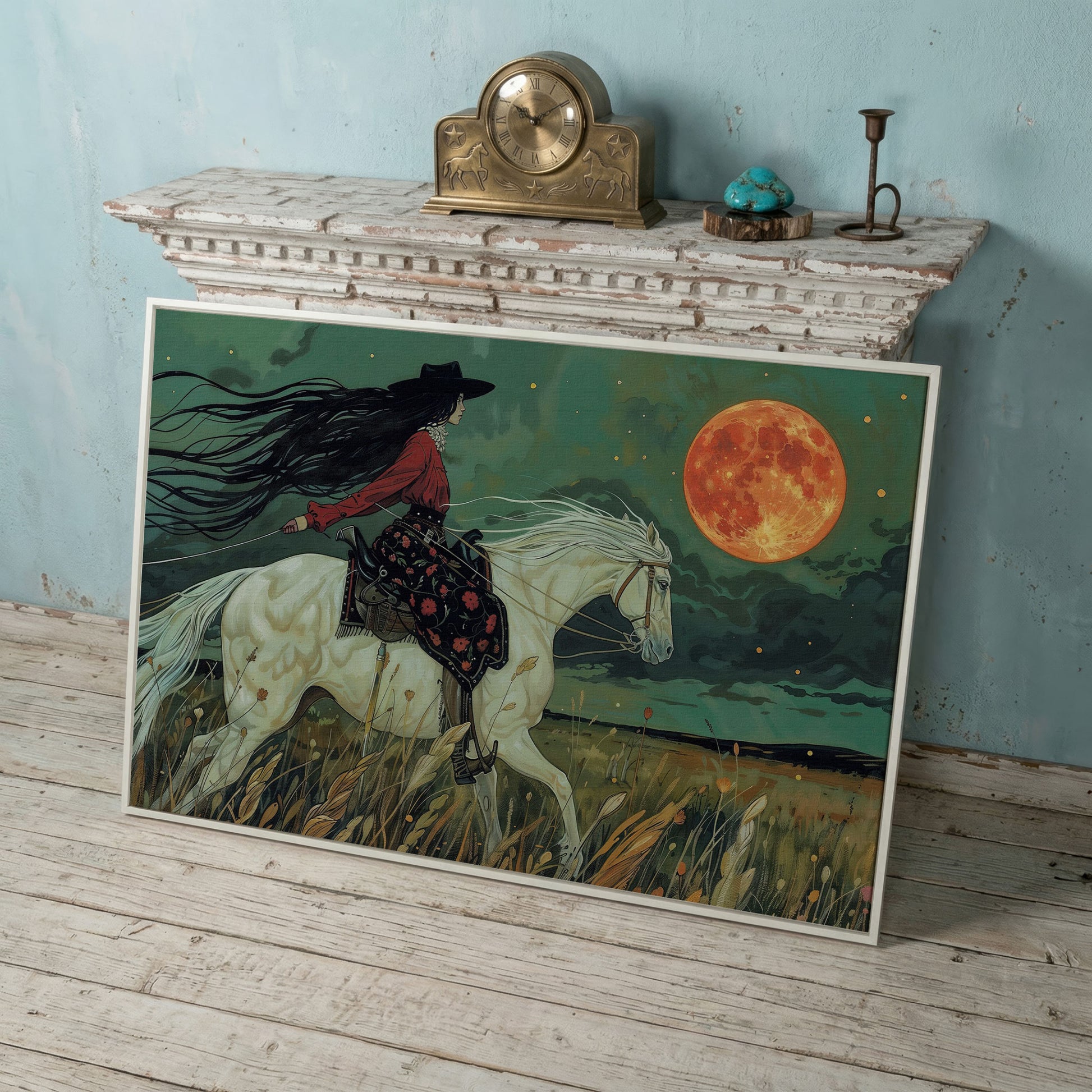 Mystical Cowgirl on White Horse Canvas in white floating frame