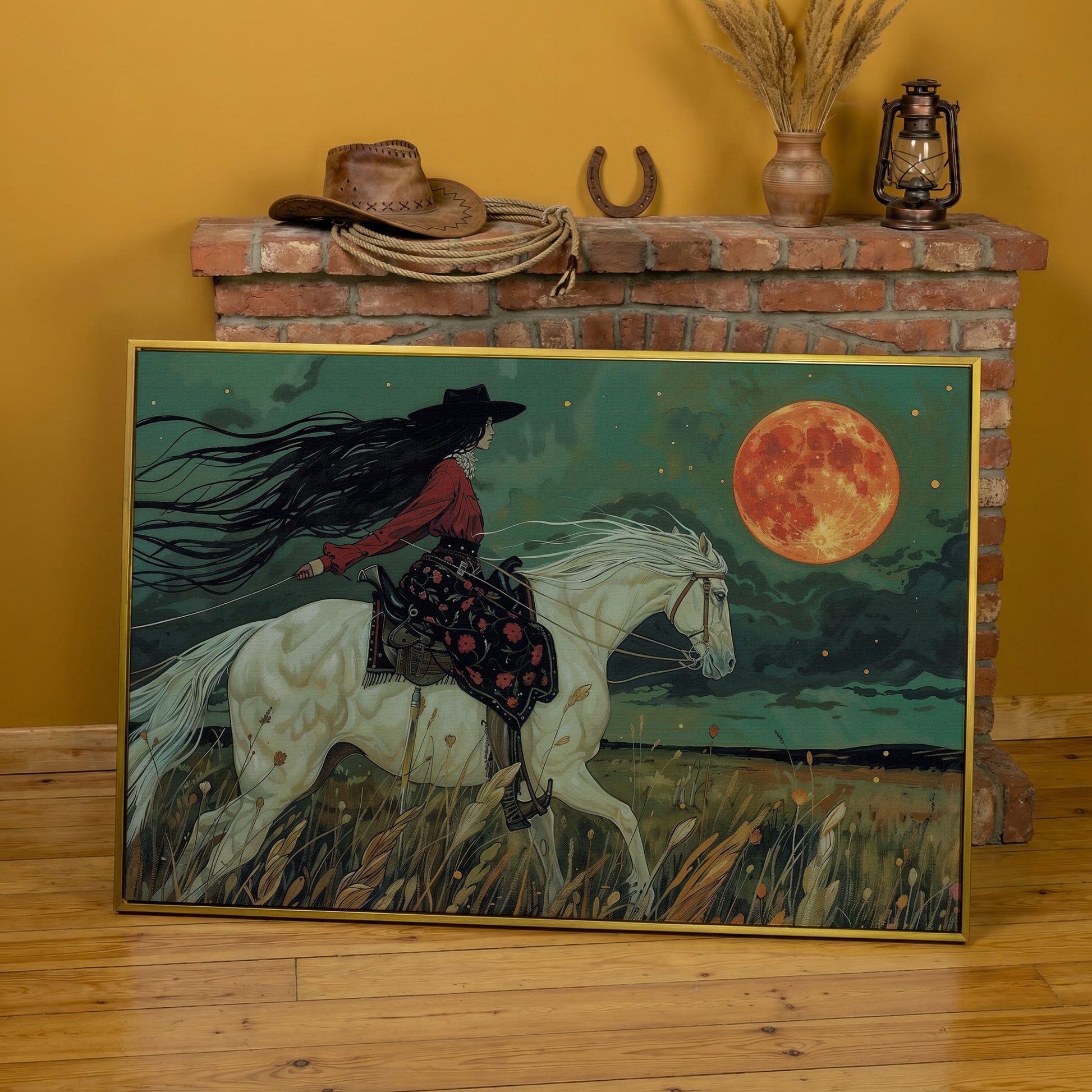 Mystical Cowgirl on White Horse Canvas in yellow gold floating frame