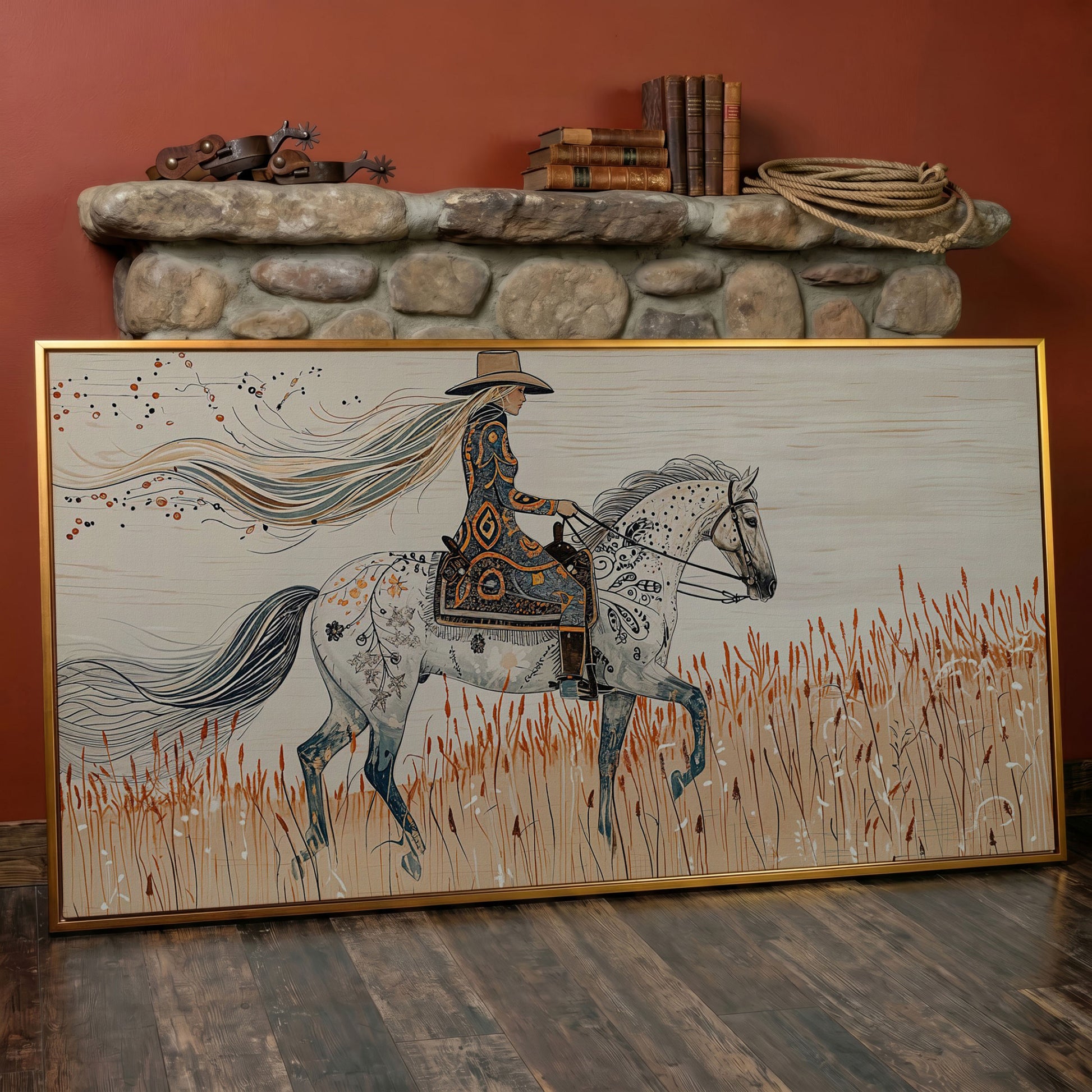 Cowgirl on Horseback Canvas Print in antique gold floating frame